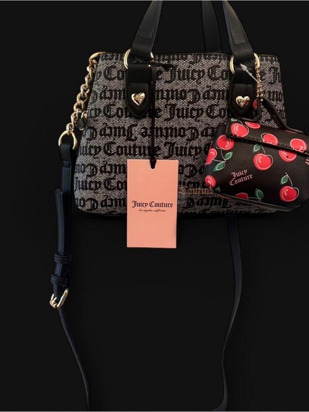 Juicy Couture Black Logo Satchel with Cherry Pouch